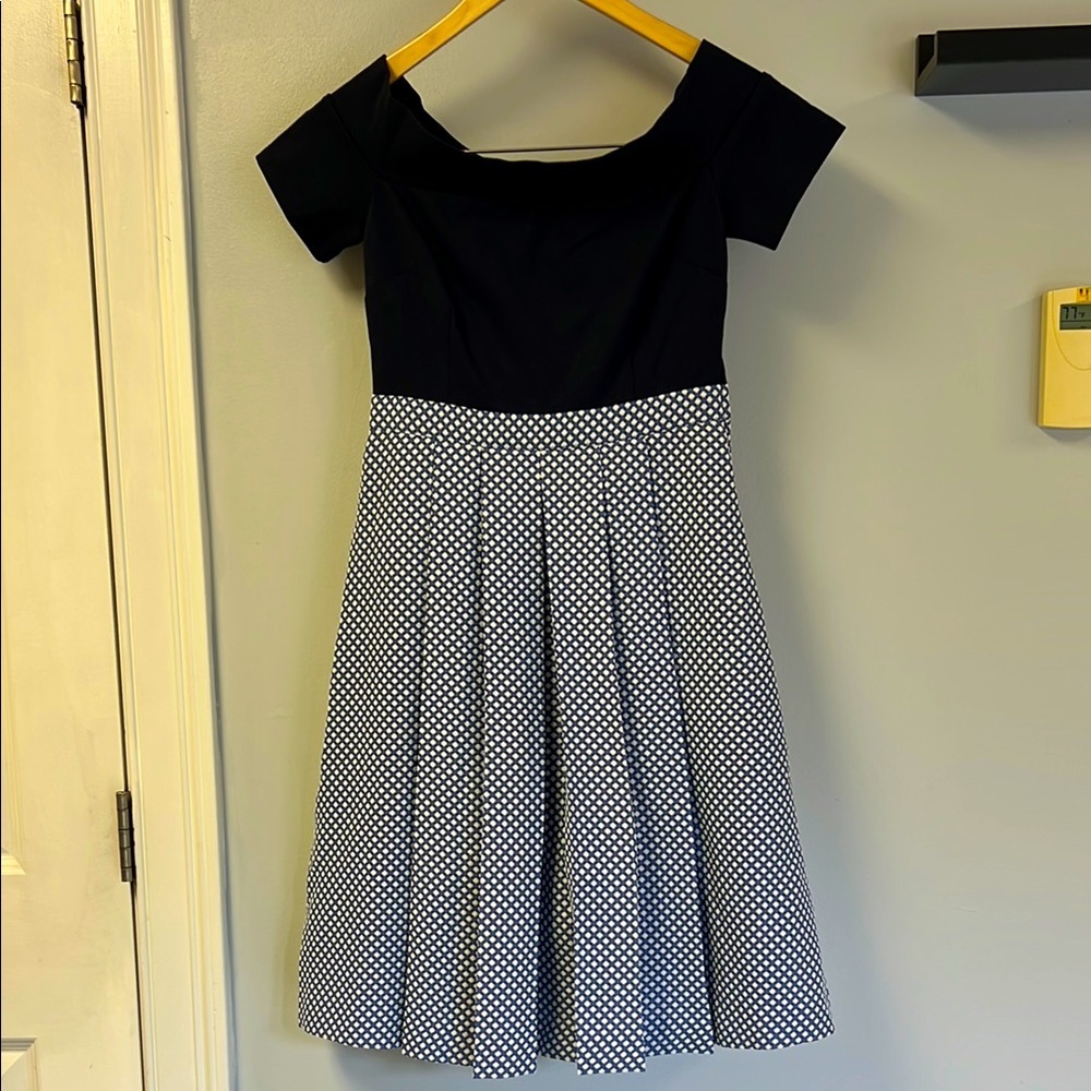 Modcloth Blue and White Fit-and-Flare Midi Dress. Low on shoulder.sz S